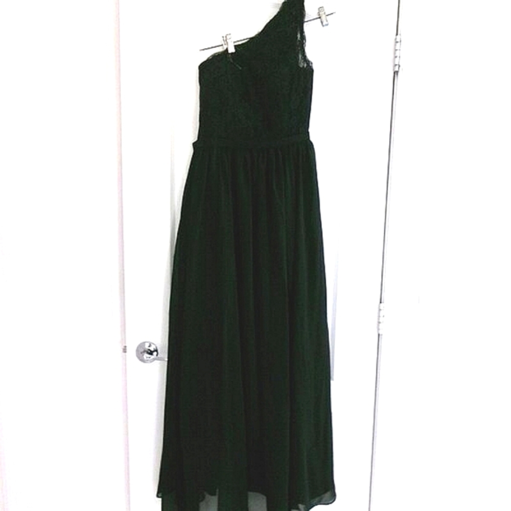New Black One Shoulder Chiffon Gown Formal Dress M 6 S 4 Lace Top Formal - Picture 2 of 15